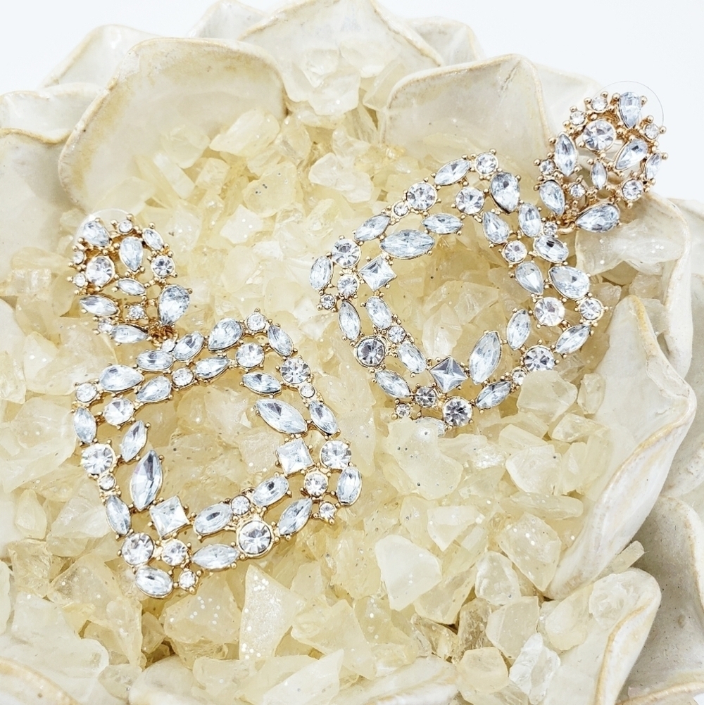 Goldtone Square Rhinestone Earrings • Pierced • Bling